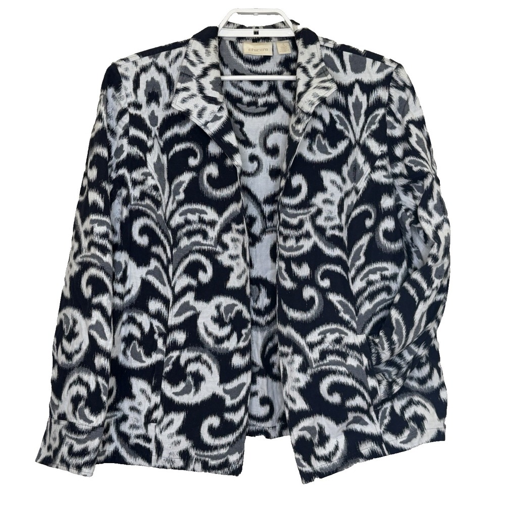 Chico's Open Front Jacket Size 3 XL Dark Blue Print Long Sleeve Collared Pockets